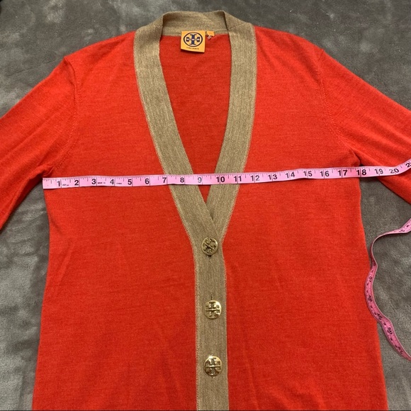 TORY BURCH Red Orange Tan Colorblock Merino Wool Knit Cardigan XS 30123102 - Picture 13 of 13